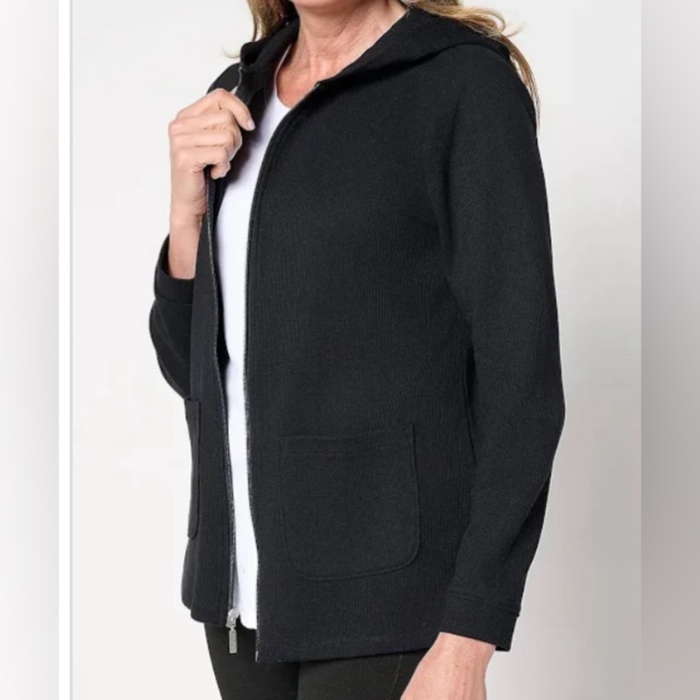 New Denim & Co. Active Waffle Knit Zip Front Hooded Jacket Black size XL